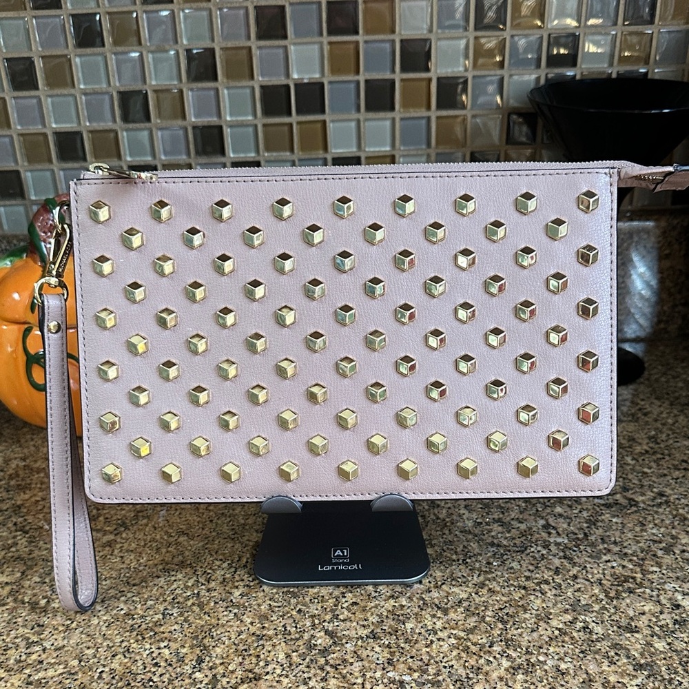 Michael Kors Daniela Gold Studded Wristlet Clutch. Gold hardware. Double insert.